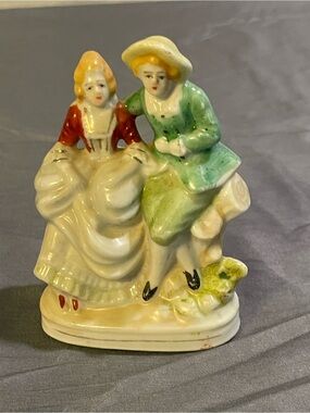 Porcelain Figurine Couple in Green and Cream Home Art Sculpture
